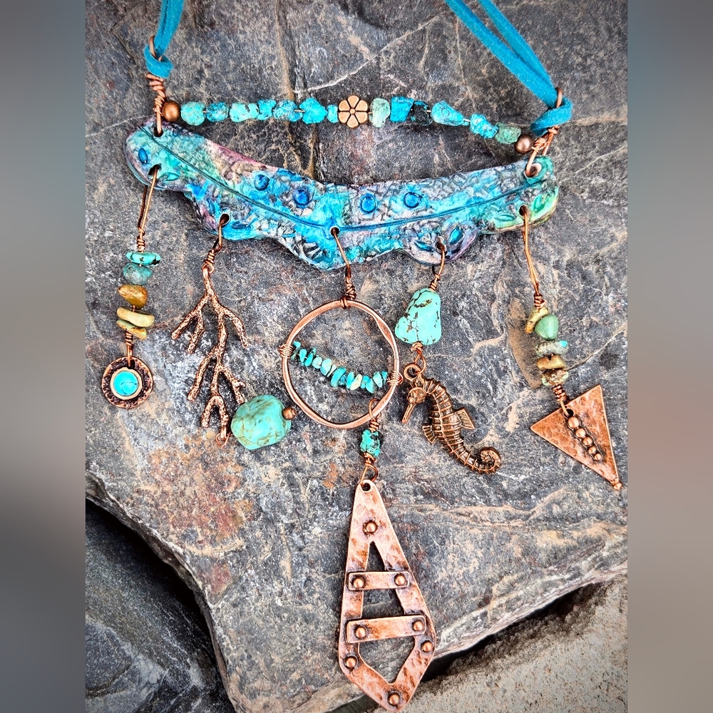 Blue In Earth Assemblage W/ Turquoise In One-of-A-Kind Artisan Copper Necklace - Picture 4 of 9